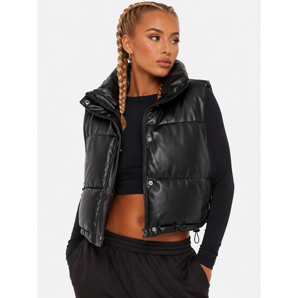 Zara Black Faux Leather Cropped Puffer Vest M NWOT New
